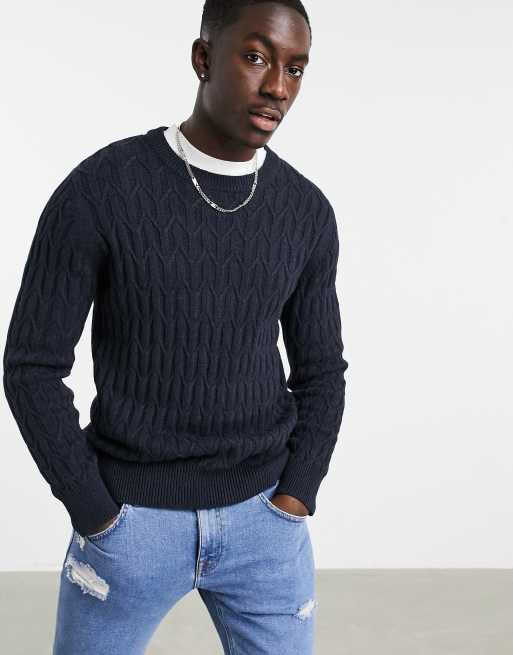 Celio Pull en maille torsad e Bleu marine