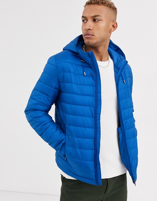 Celio quilted jacket with hood in bright blue