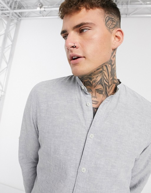 Celio shirt with grandad collar in grey stripe
