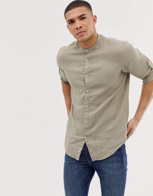 Celio Slim fit linnen overhemd met lange mouwen zonder kraag in beige