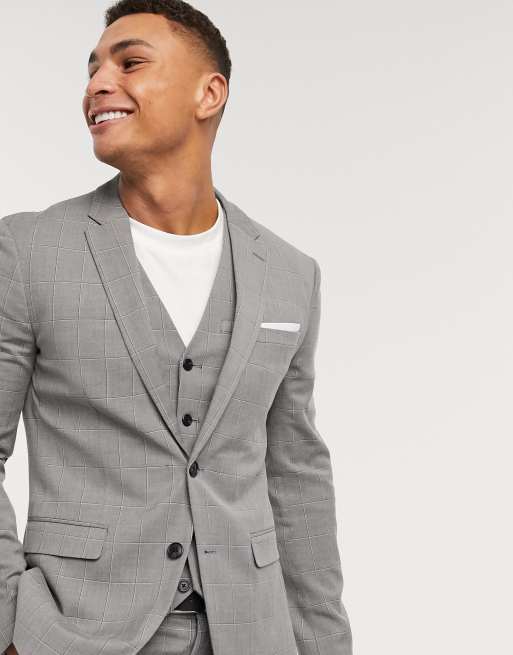 Celio Veste de costume slim carreaux Gris fonc ASOS