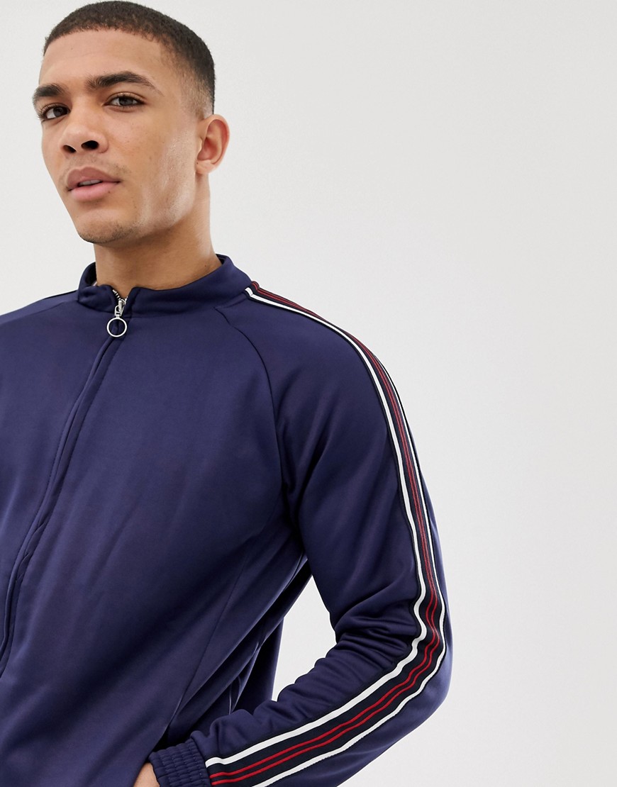 Celio zip through track top with taping in navy