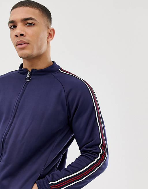 Celio zip through track top with taping in navy | ASOS