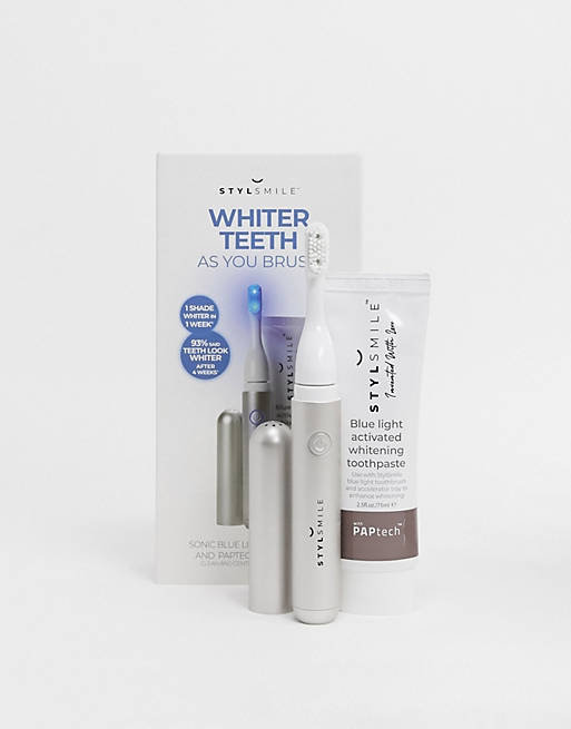 Cepillo de dientes de luz azul Sonic y pasta de dientes blanqueadora con tecnología PAPtech de STYLSMILE