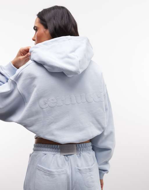 Cernucci 100% cotton cropped zip through logo hoodie in baby blue (part of a set), 3 of 4
