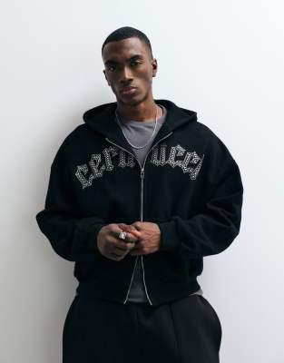 Cernucci Cernucci 100% cotton rhinestone embellished logo zip through boxy fit hoodie in black