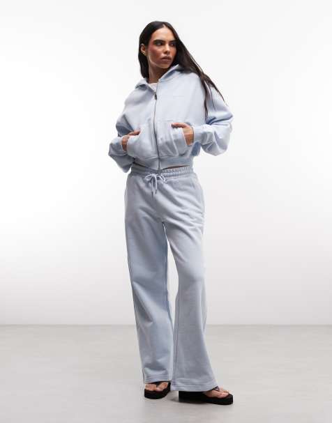 Cernucci - 100% katoenen co-ord set van hoodie en joggingbroek met wijde pijpen en logo in babyblauw - view 1
