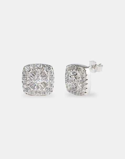 Cernucci 10mm Paved centre square stud earrings 10mm in silver - view 1