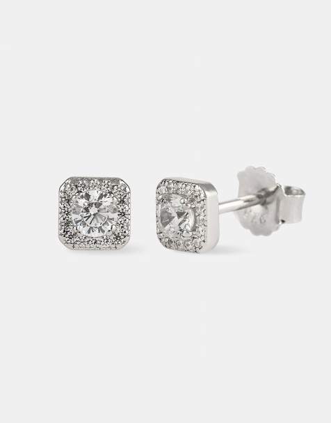 Cernucci 6mm Iced centre square edge stud earrings in silver - view 1