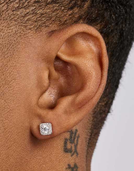 Cernucci 6mm Iced centre square edge stud earrings in silver, 2 of 2