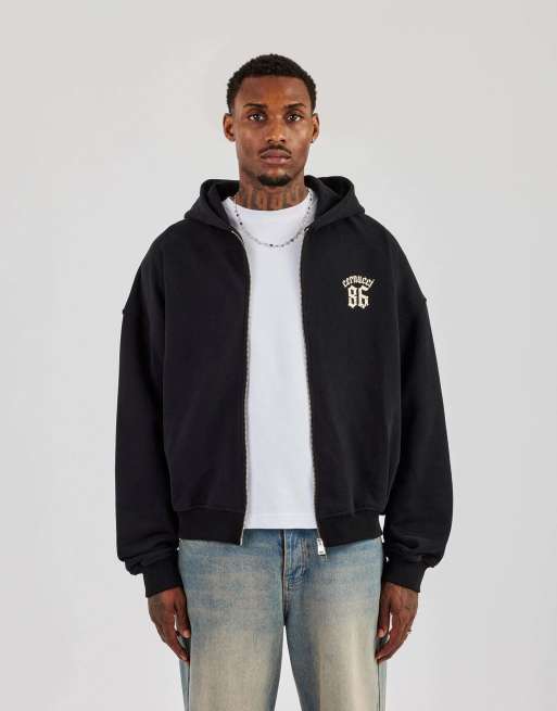 Cernucci 86 back print zip through boxy hoodie in black, 2 of 4