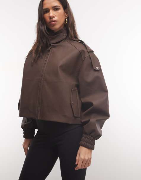 Cernucci boxy faux leather funnel neck jacket in chocolate brown - view 1