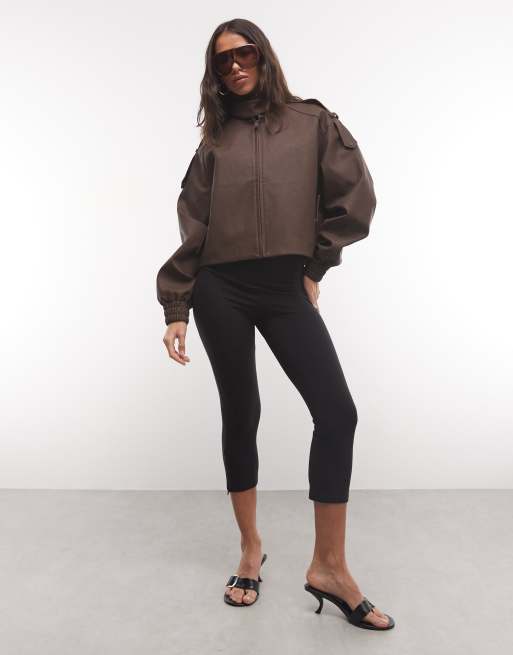 Cernucci boxy faux leather funnel neck jacket in chocolate brown, 2 of 4