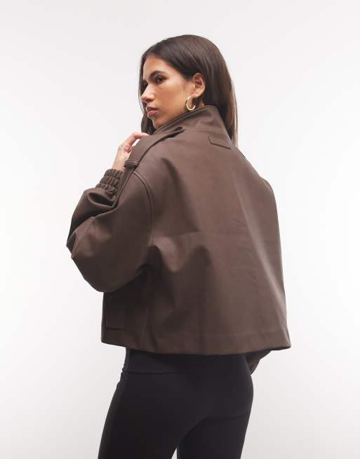 Cernucci boxy faux leather funnel neck jacket in chocolate brown, 4 of 4