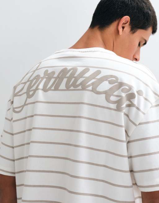 Cernucci boxy fit t-shirt with logo back print in brown stripe, 3 of 5