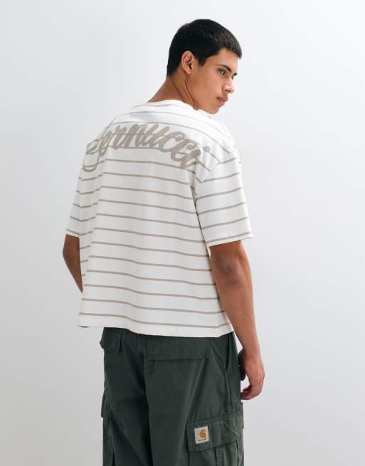 Cernucci boxy fit t-shirt with logo back print in brown stripe, 5 of 5