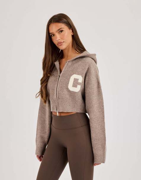 Cernucci C intarsia cropped zip through hoodie in beige - view 1