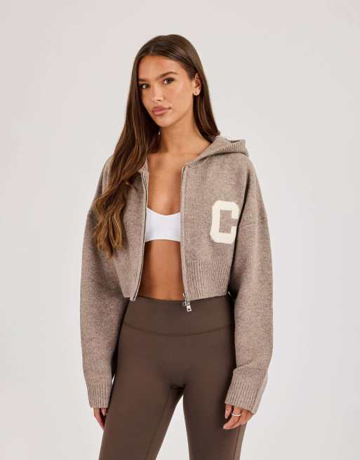 Cernucci C intarsia cropped zip through hoodie in beige, 2 of 4
