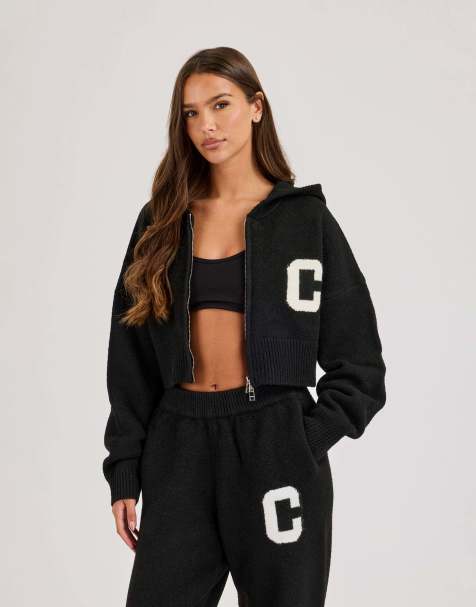 Cernucci C intarsia cropped zip through hoodie in black - view 1