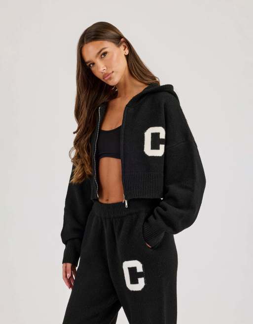 Cernucci C intarsia cropped zip through hoodie in black, 2 of 4