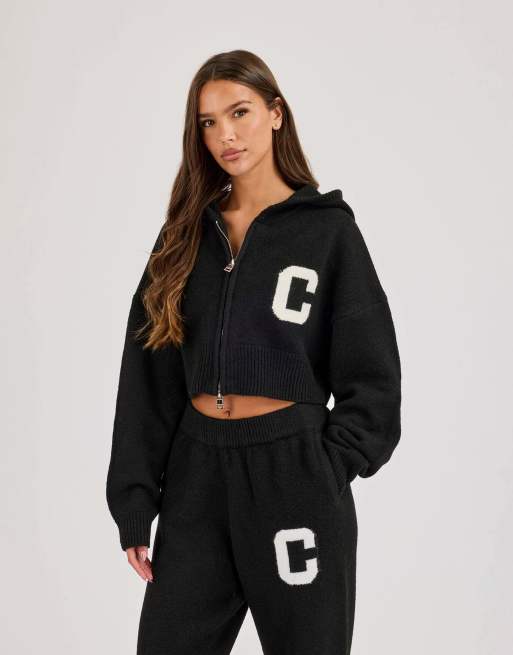 Cernucci C intarsia cropped zip through hoodie in black, 3 of 4