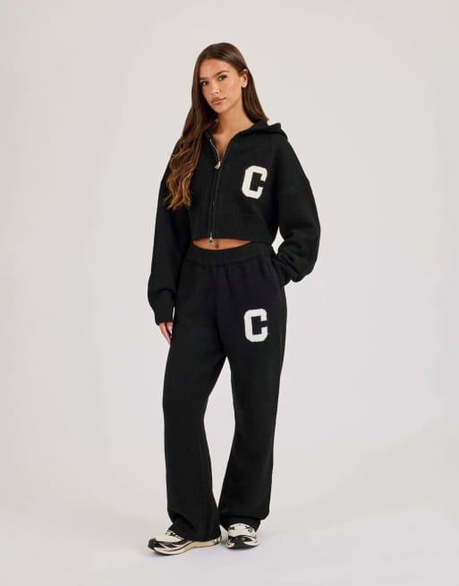 Cernucci C intarsia cropped zip through hoodie in black, 4 of 4