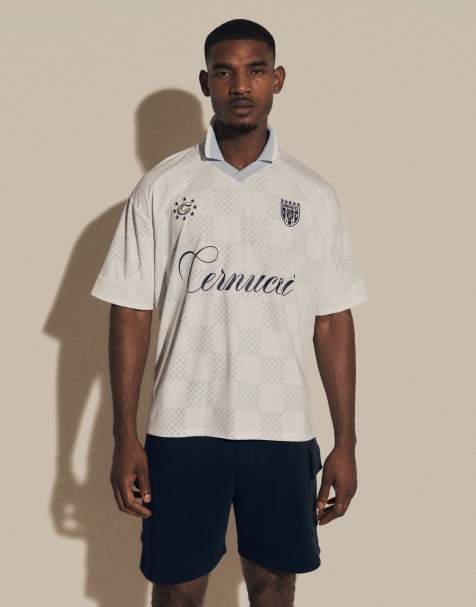 Cernucci - Camiseta azul claro a cuadros de estilo fútbol con logo y cuello de pico con solapas - view 1