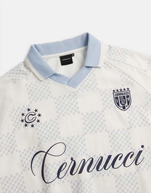 Cernucci - Camiseta azul claro a cuadros de estilo fútbol con logo y cuello de pico con solapas, 9 de 10