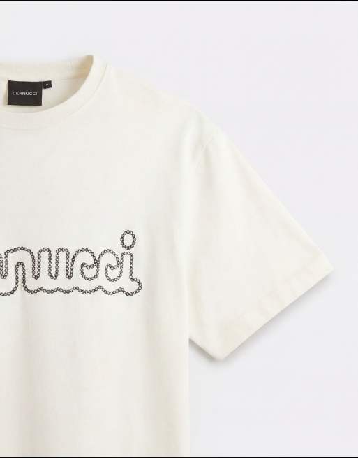 Cernucci - Camiseta blanco hueso de corte estándar con logo efecto cosido, 8 de 9