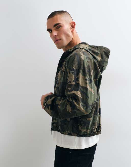 Cernucci camo ripstop zip through hooded jacket in green, 5 of 5