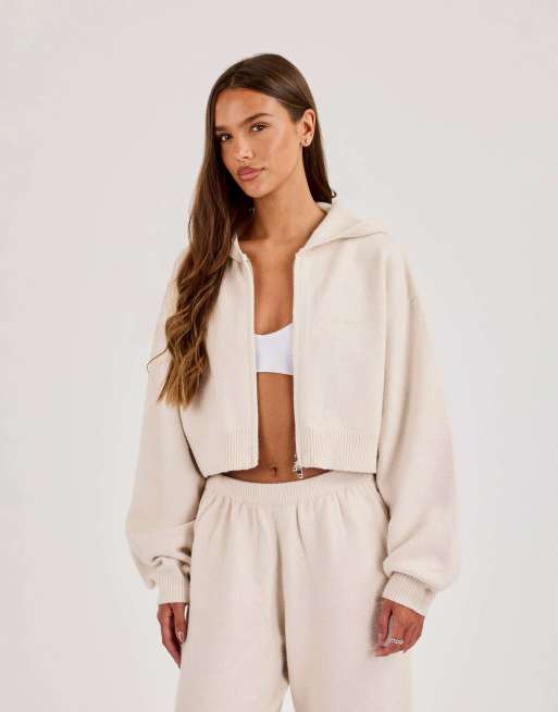 Cernucci Cernucci knitted logo cropped zip hoodie in beige, 2 of 4