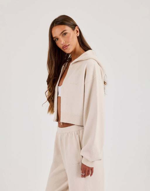 Cernucci Cernucci knitted logo cropped zip hoodie in beige, 3 of 4