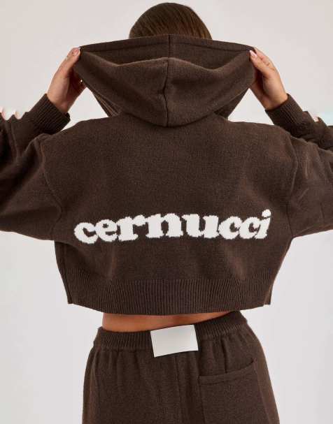 Cernucci Cernucci knitted logo cropped zip hoodie in brown - view 1