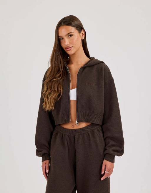 Cernucci Cernucci knitted logo cropped zip hoodie in brown, 2 of 3