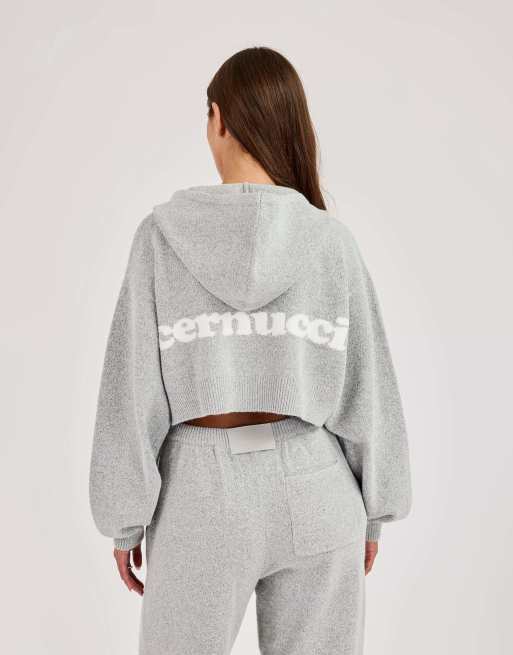 Cernucci Cernucci knitted logo cropped zip hoodie in grey, 2 of 4