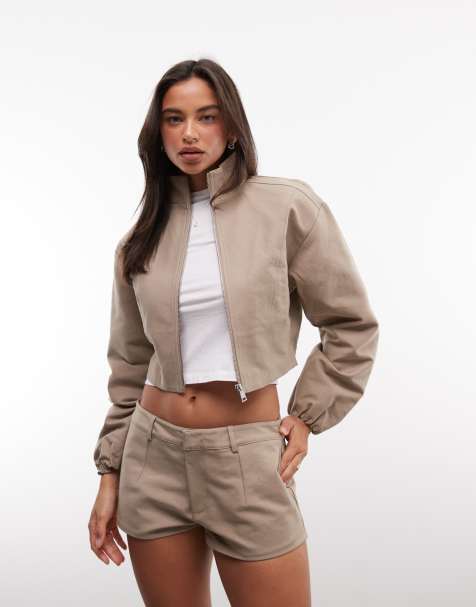 Cernucci - chaqueta de sarga beige corta con cuello alzado, conjunto - view 1