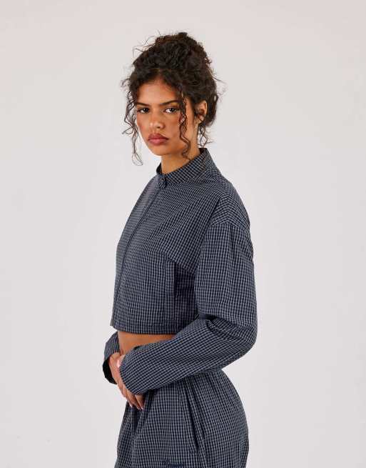 Cernucci Check funnel neck jacket in blue, 2 of 4