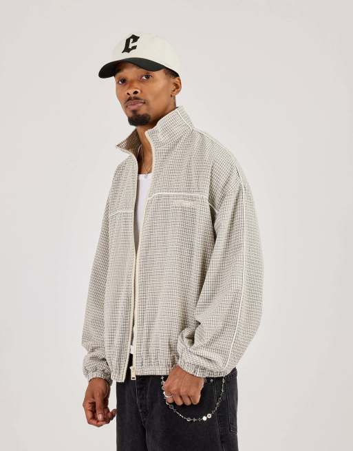 Cernucci Check funnel neck track jacket with piping in beige, 2 of 3