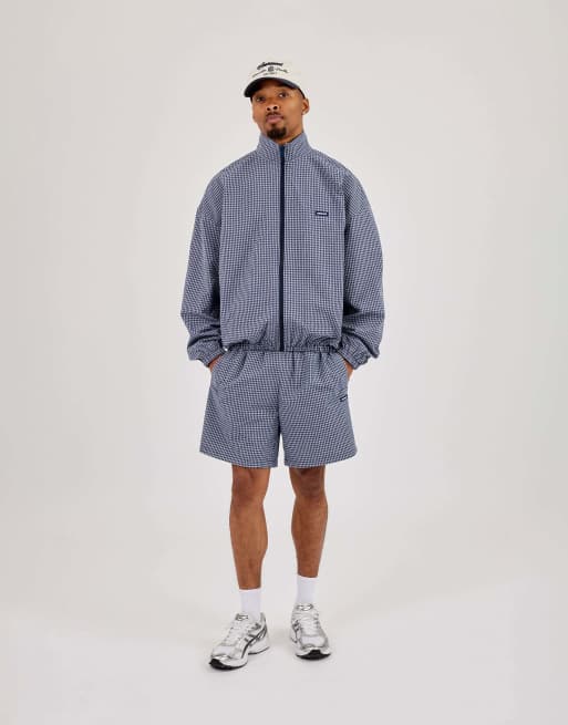Cernucci Check funnel neck zip jacket in blue, 4 of 4