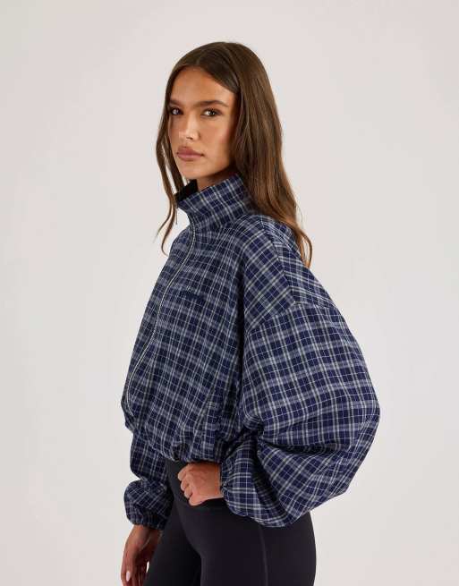 Cernucci Check funnel neck zip jacket in blue, 3 of 4