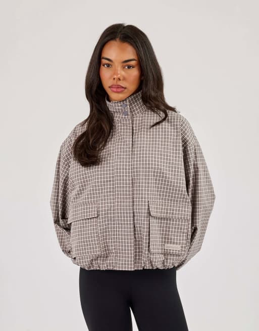 Cernucci Check nylon funnel neck jacket in beige, 3 of 4