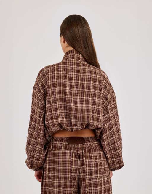 Cernucci Check twill funnel neck jacket in brown, 2 of 4