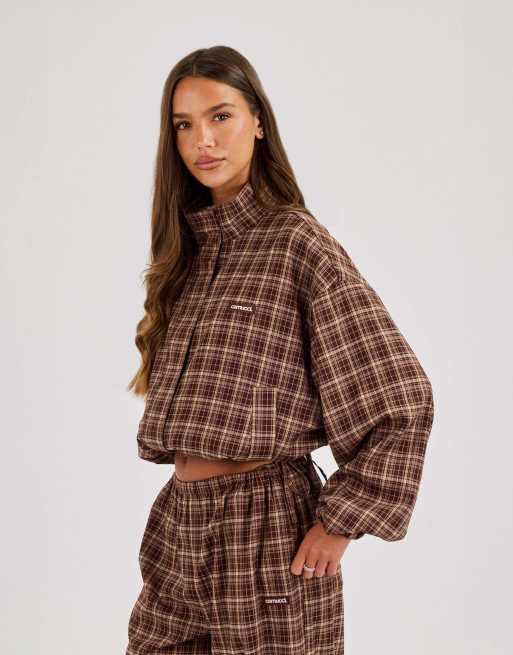 Cernucci Check twill funnel neck jacket in brown, 3 of 4