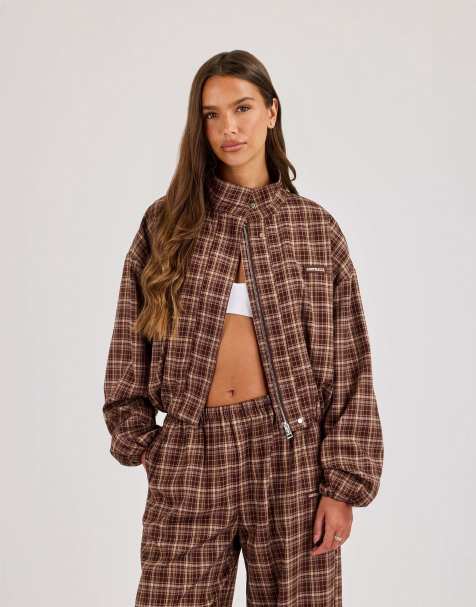 Cernucci Check twill funnel neck jacket in brown - view 1