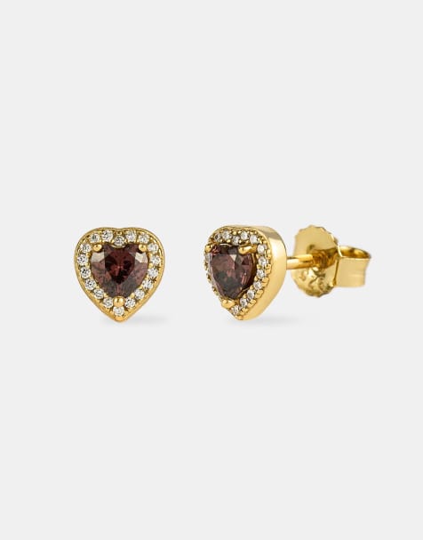 Cernucci Chocolate heart gemstone stud earrings - 8mm in gold - view 1