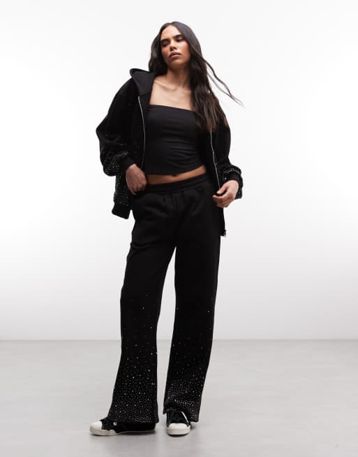 Cernucci - Coordinato con felpa con cappuccio e joggers a fondo ampio nero decorato con strass