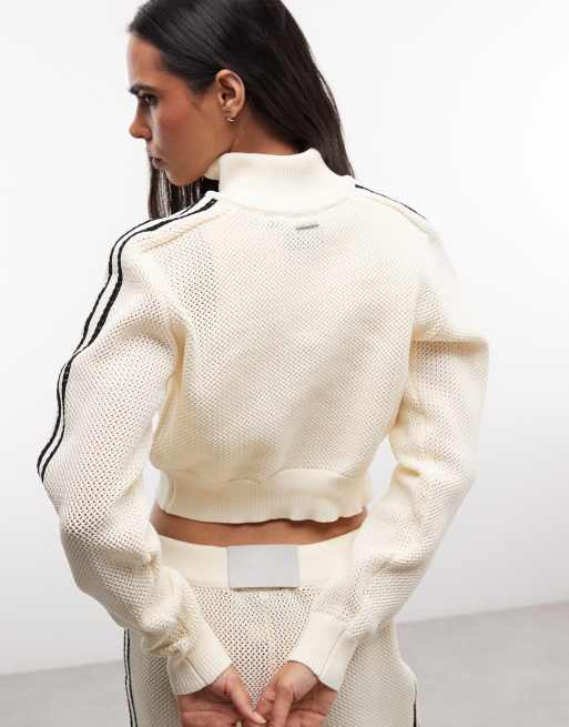 Cernucci crochet knit funnel neck double-zip logo track jacket with taping in cream - part of a set, 4 of 4
