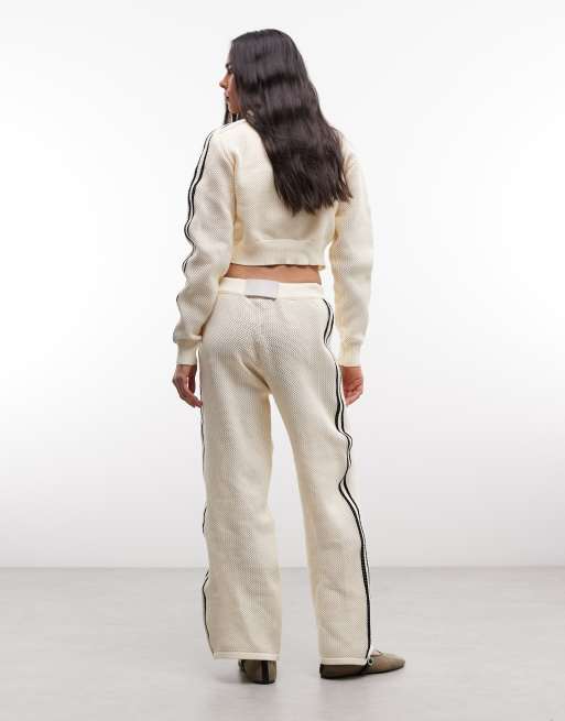 Cernucci crochet knit wide leg joggers co-ord with side taping in cream, 3 of 5