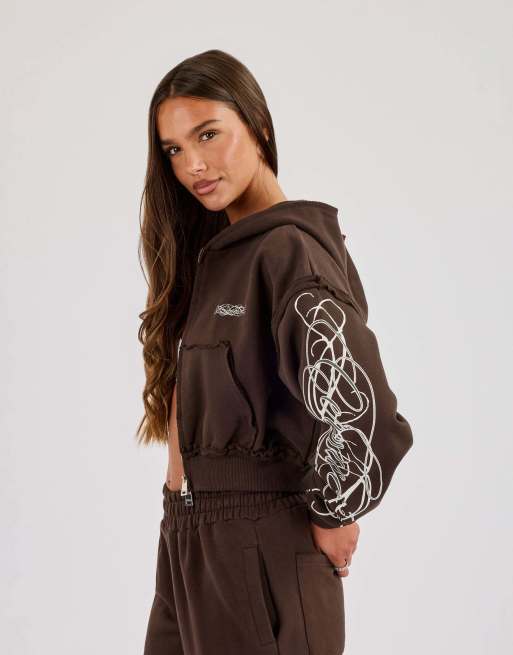 Cernucci Cropped distressed print zip hoodie in brown | ASOS