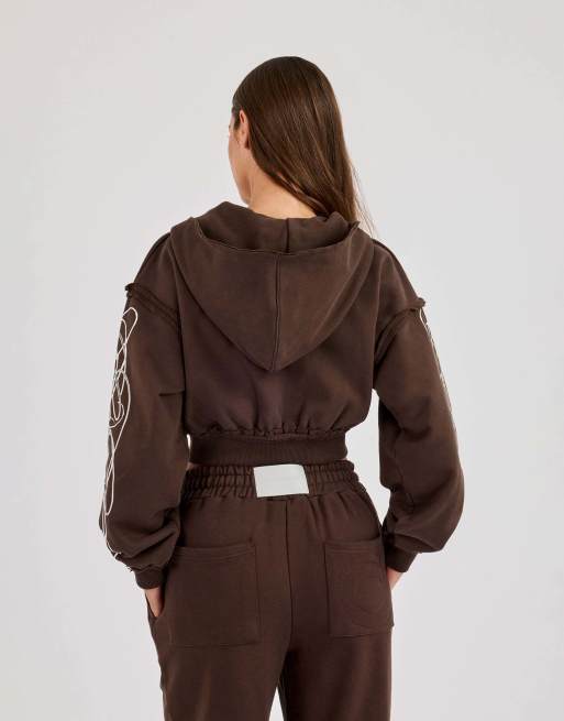 Cernucci Cropped distressed print zip hoodie in brown | ASOS